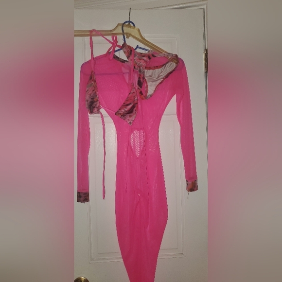 3 pieces Jumpsuit with top and bottom bikini Bartender dancer outfit S hot Pink - Picture 4 of 12